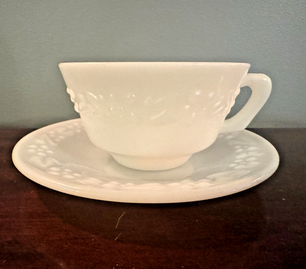 Hazel Atlas Embossed Floral Milk Glass Cup & Saucer White Vintage 1950s